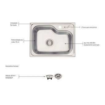 Cuba de Embutir de Inox Morgana 55x42cm 48FX Undermount Acetinado Com Válvula - Tramontina#SIM#