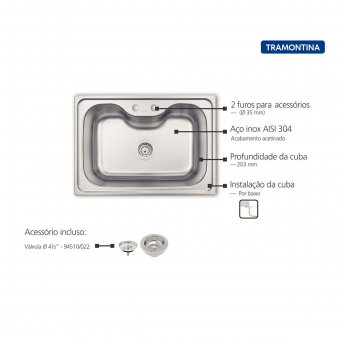 Cuba de Embutir de Inox Morgana 69x49x20,3cm 60FX Undermount Com Válvula - Tramontina#SIM#
