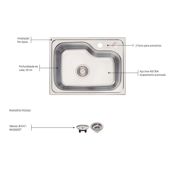 Cuba de Embutir de Inox Morgana 55x42cm 48FX Undermount Acetinado Com Válvula - Tramontina#SIM#
