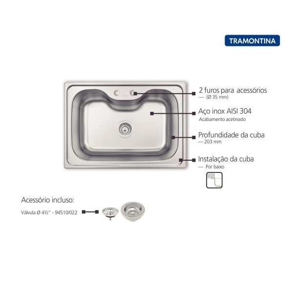 Cuba de Embutir de Inox Morgana 69x49x20,3cm 60FX Undermount Com Válvula - Tramontina#SIM#